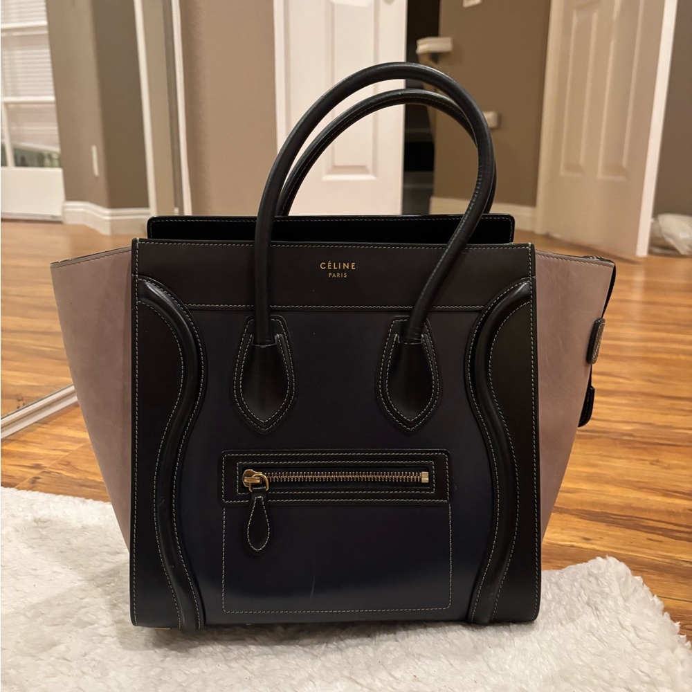 Celine Black and Tan Luggage Tote with Structured Design